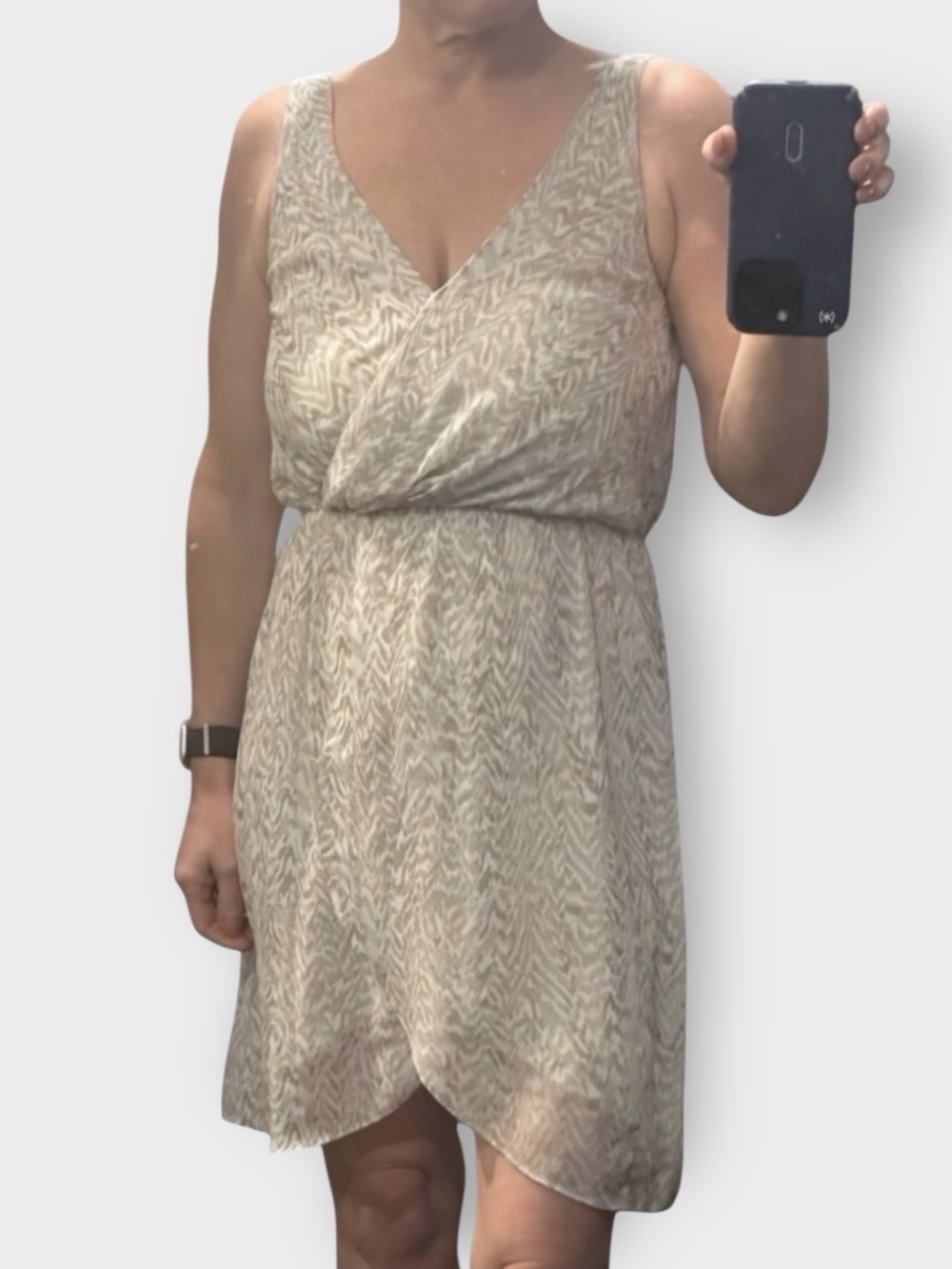 H&M Taupe Ivory Patterned Mini Dress V-Neck Lightweight Small V-back casual